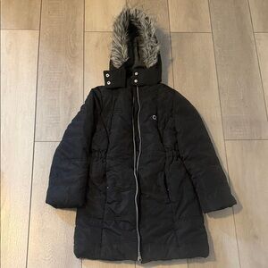 Calvin Klein Girls Long Black Quilted Coat with Faux Fur Hood Size 7
